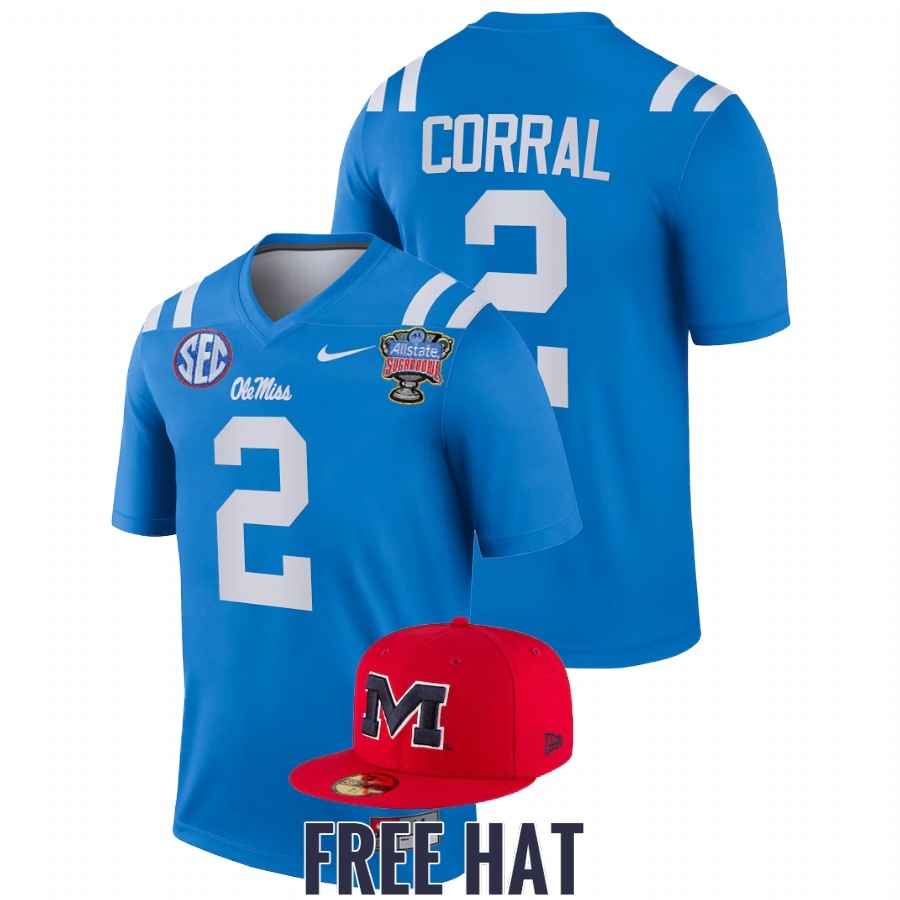 Ole Miss Rebels Men's NCAA Matt Corral #2 Blue Sugar Bowl Free Hat 2022 College Football Jersey WFN5449CO